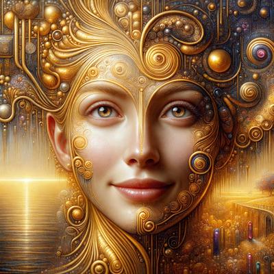 The primary subject of the image is a woman's face, which is the main focus of the image. The setting is a futuristic, artistic environment, with a backdrop of a sunset. The visual style is a combination of digital art and illustration, creating a unique and intricate design. The colors and mood of the image are predominantly gold and warm, giving the impression of a golden age or a futuristic, utopian society.